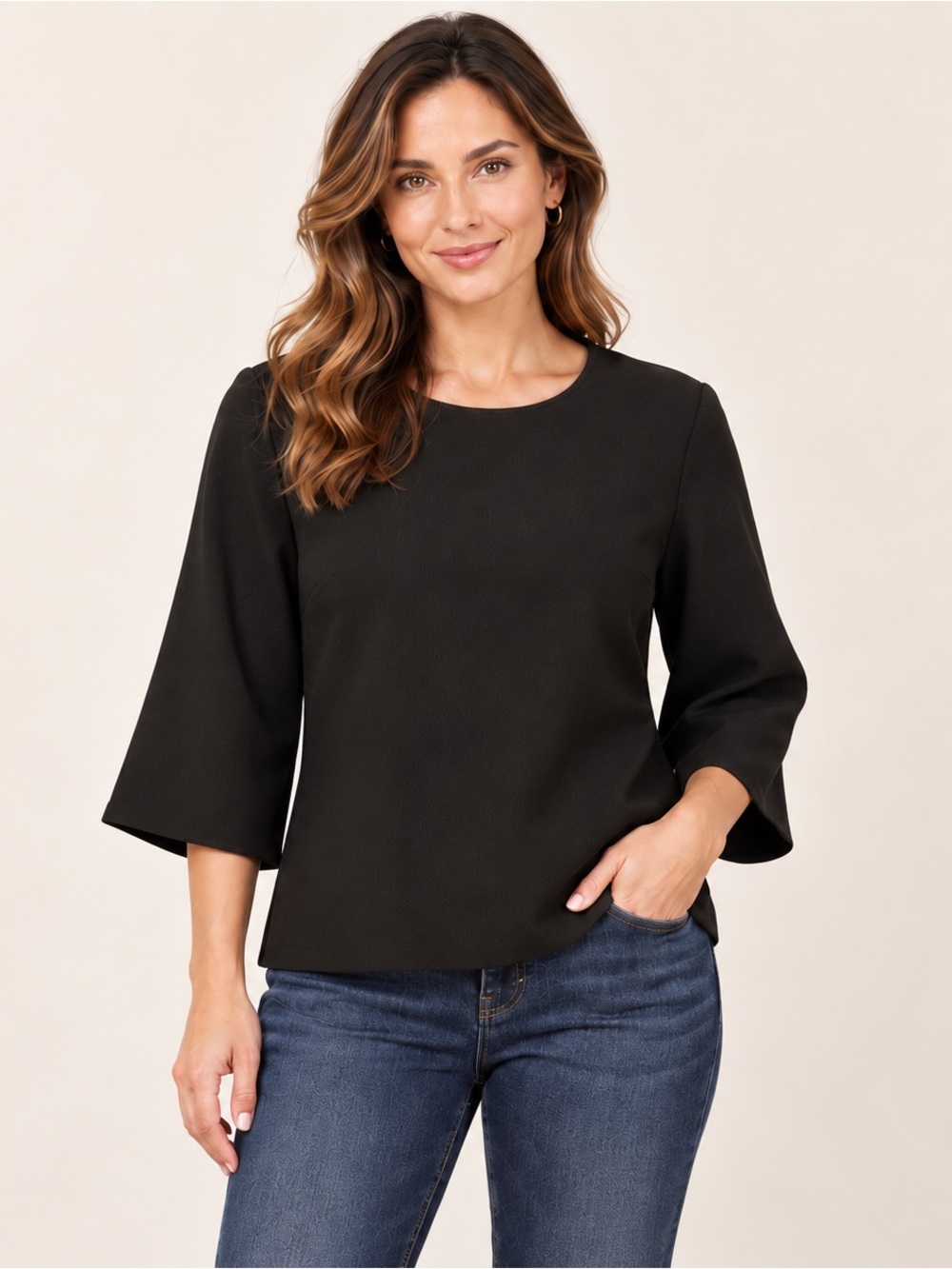 EVERLY Black 3/4 Sleeve Round Neck Blouse Women’s Size Small Zip Back
